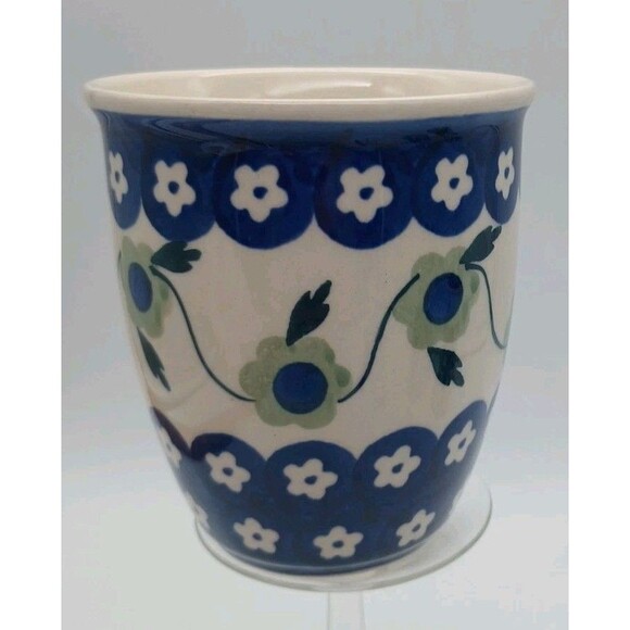 Polish Boleslawiec Green Blue Floral Mug Hand Painted 3.75” Tall - Picture 2 of 8